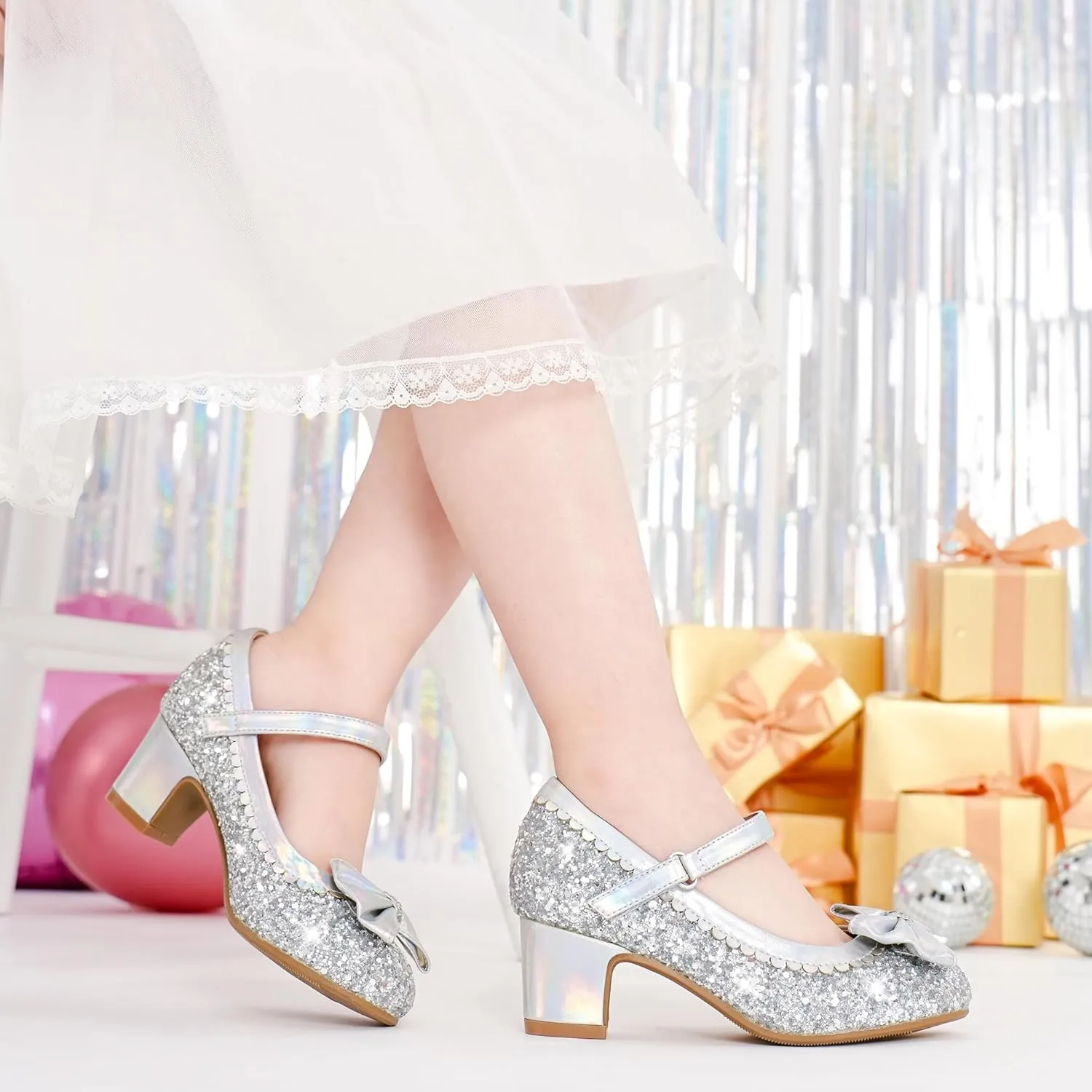 Princess Shoes High Heel Toddler Girls Dress Shoes Cute Bowknot Sparkle Mary Jane Flower Girls Wedding Birthday Party Prom for Little Big Kids