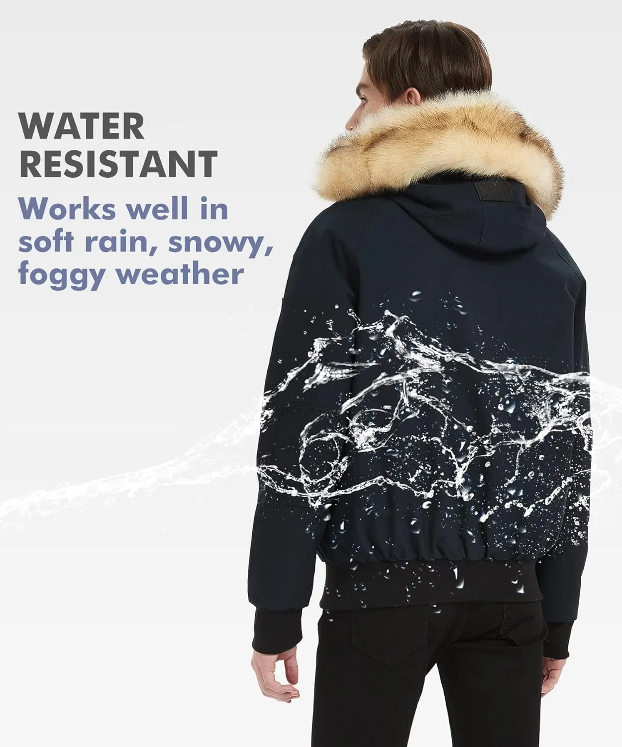 PUREMSX Mens Bomber Jacket, Unisex Winter Thick Vegan Down Flight Jacket Removable Fur Hooded Windbreaker Coat