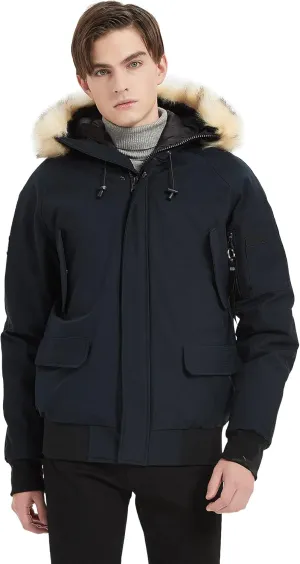 PUREMSX Mens Bomber Jacket, Unisex Winter Thick Vegan Down Flight Jacket Removable Fur Hooded Windbreaker Coat