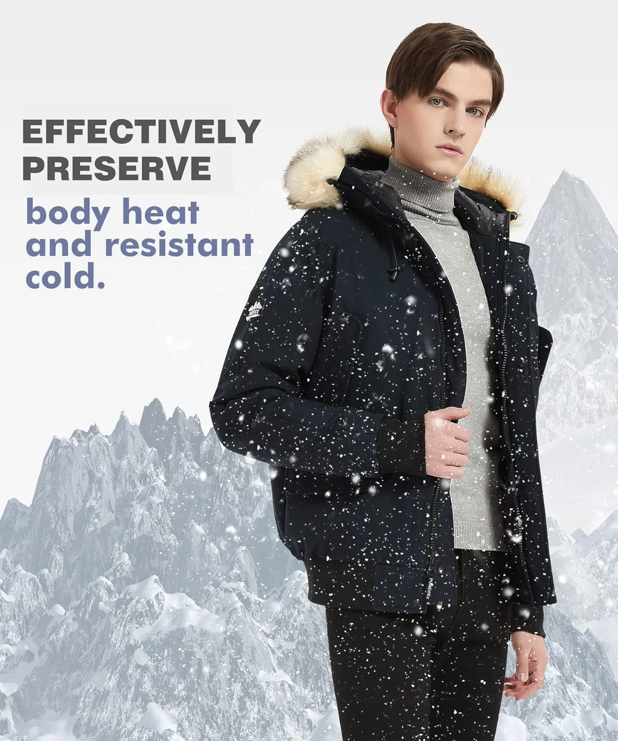 PUREMSX Mens Bomber Jacket, Unisex Winter Thick Vegan Down Flight Jacket Removable Fur Hooded Windbreaker Coat