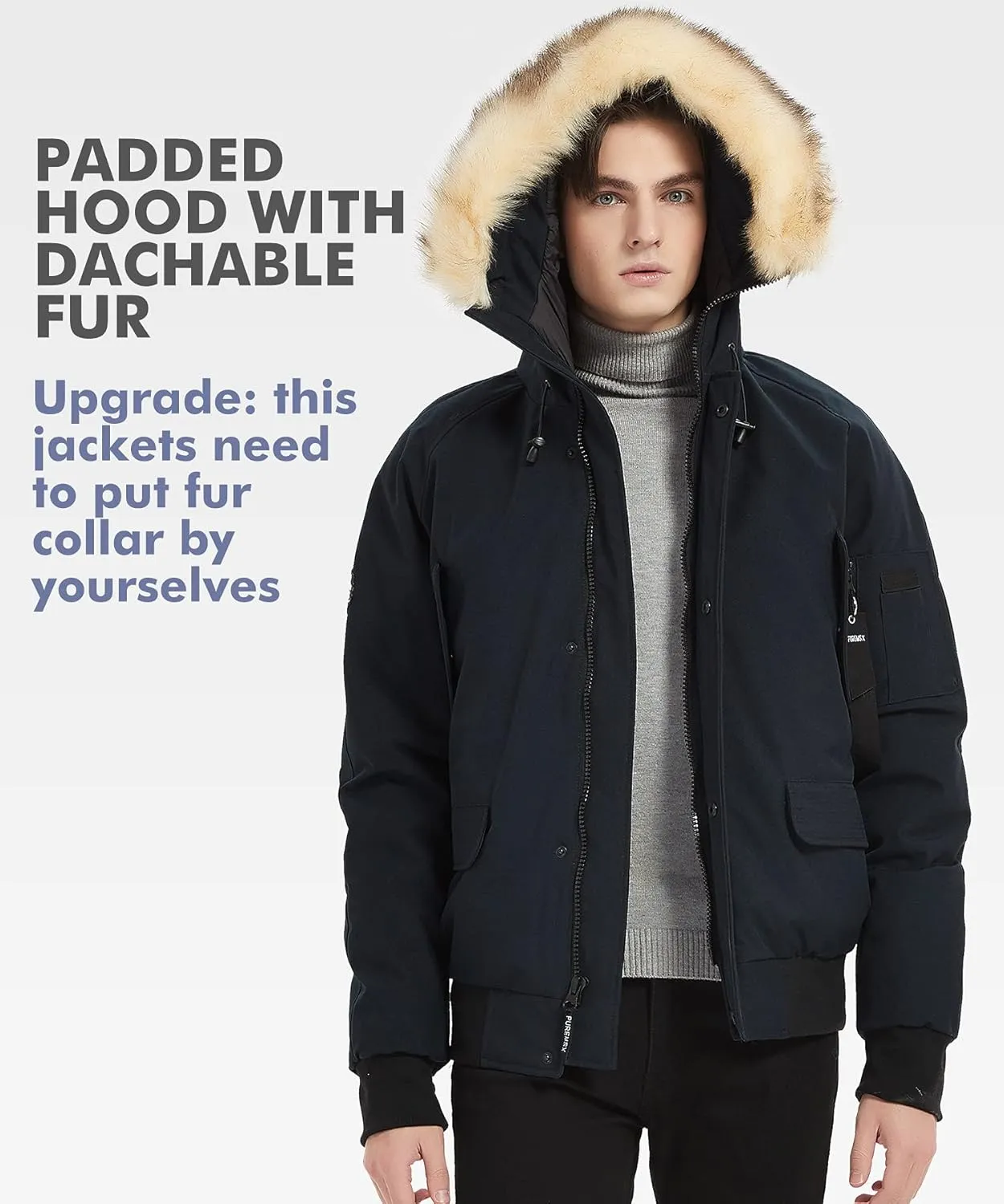 PUREMSX Mens Bomber Jacket, Unisex Winter Thick Vegan Down Flight Jacket Removable Fur Hooded Windbreaker Coat
