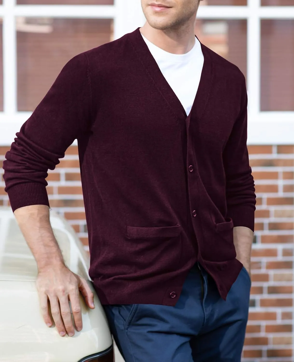 QUALFORT Men's 100% Cotton Cardigan Sweater Casual V-Neck Button Down Knitted Outerwear with Pockets