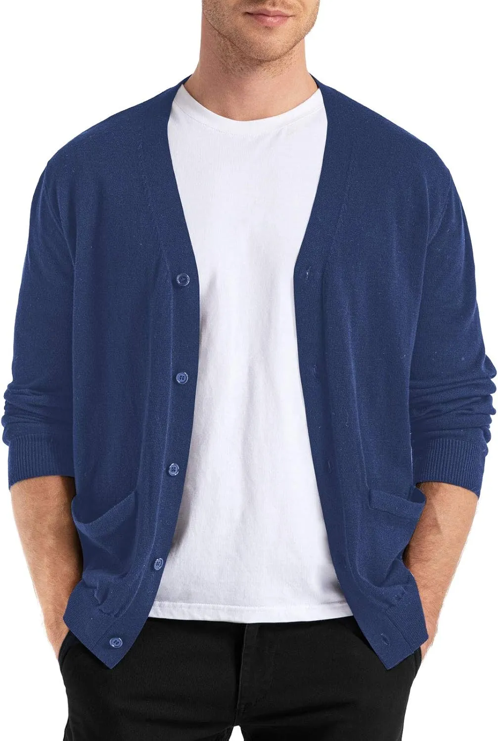 QUALFORT Men's 100% Cotton Cardigan Sweater Casual V-Neck Button Down Knitted Outerwear with Pockets