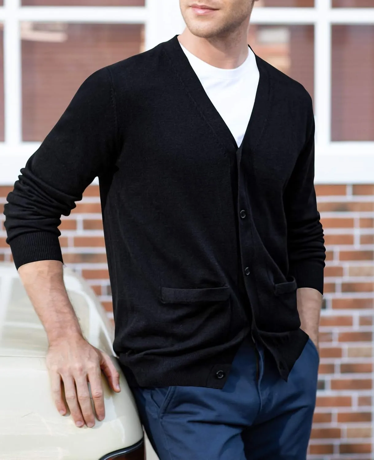 QUALFORT Men's 100% Cotton Cardigan Sweater Casual V-Neck Button Down Knitted Outerwear with Pockets
