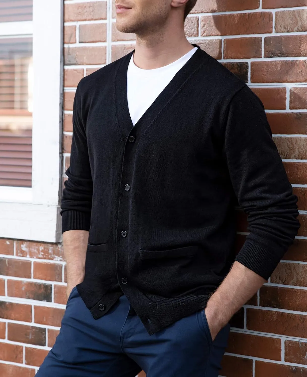 QUALFORT Men's 100% Cotton Cardigan Sweater Casual V-Neck Button Down Knitted Outerwear with Pockets