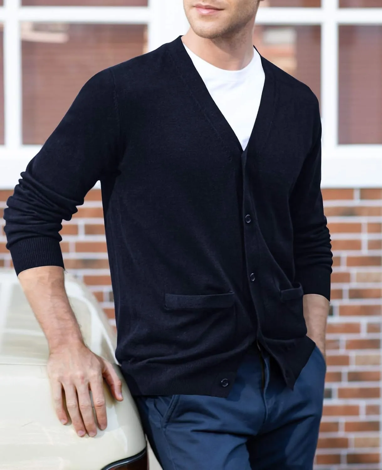 QUALFORT Men's 100% Cotton Cardigan Sweater Casual V-Neck Button Down Knitted Outerwear with Pockets