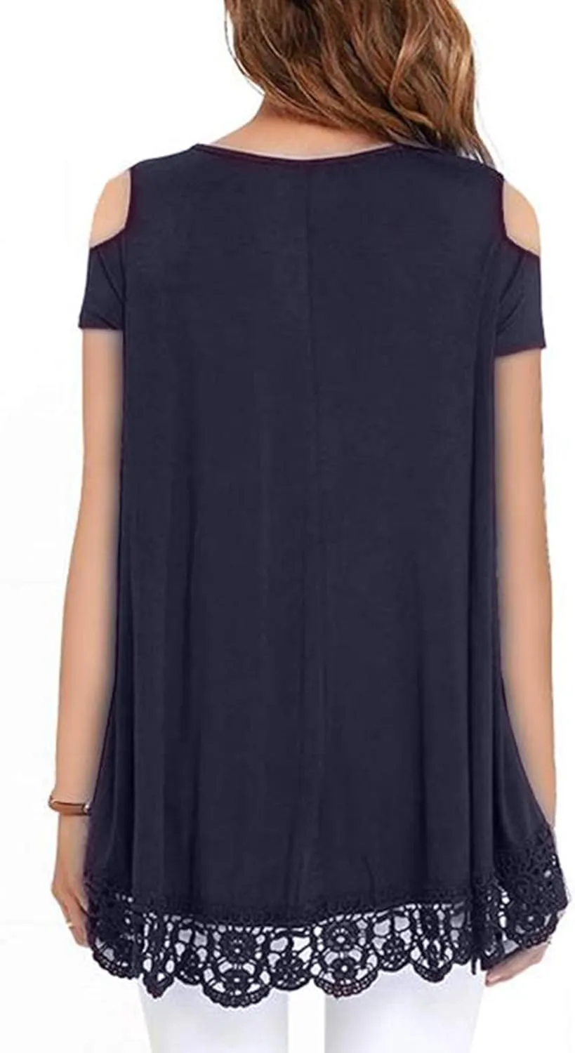 RAGEMALL Womens Cold Shoulder Tops Short Sleeve Lace Trim Tunic Blouse Top for Women