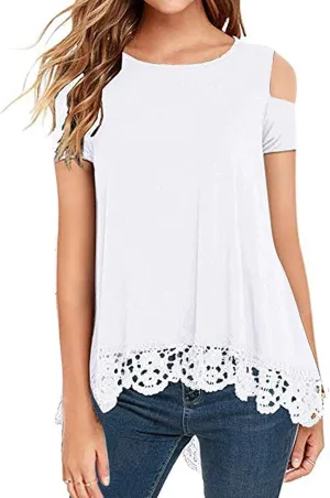 RAGEMALL Womens Cold Shoulder Tops Short Sleeve Lace Trim Tunic Blouse Top for Women