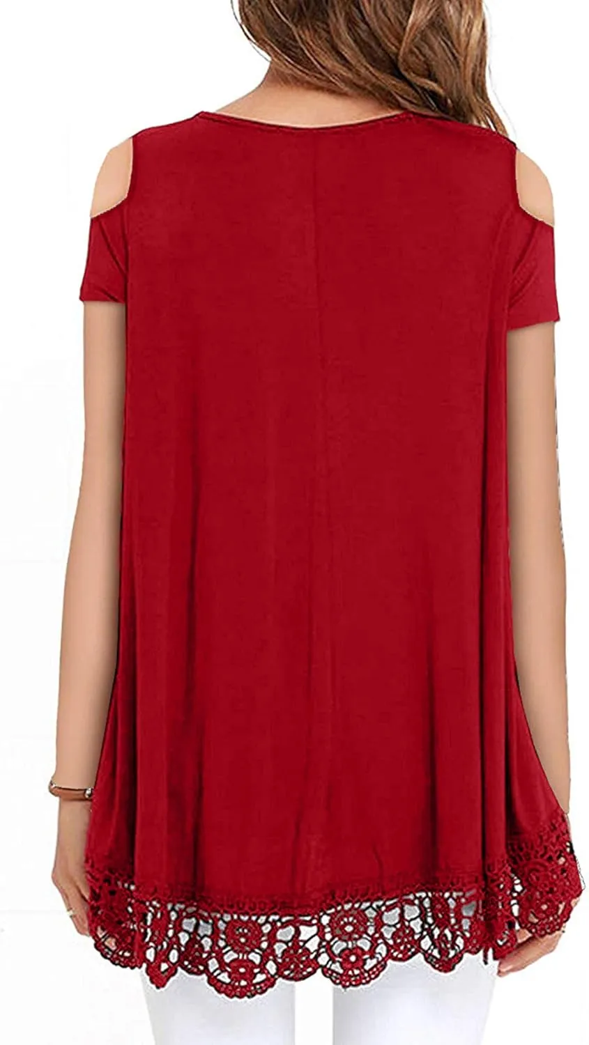RAGEMALL Womens Cold Shoulder Tops Short Sleeve Lace Trim Tunic Blouse Top for Women