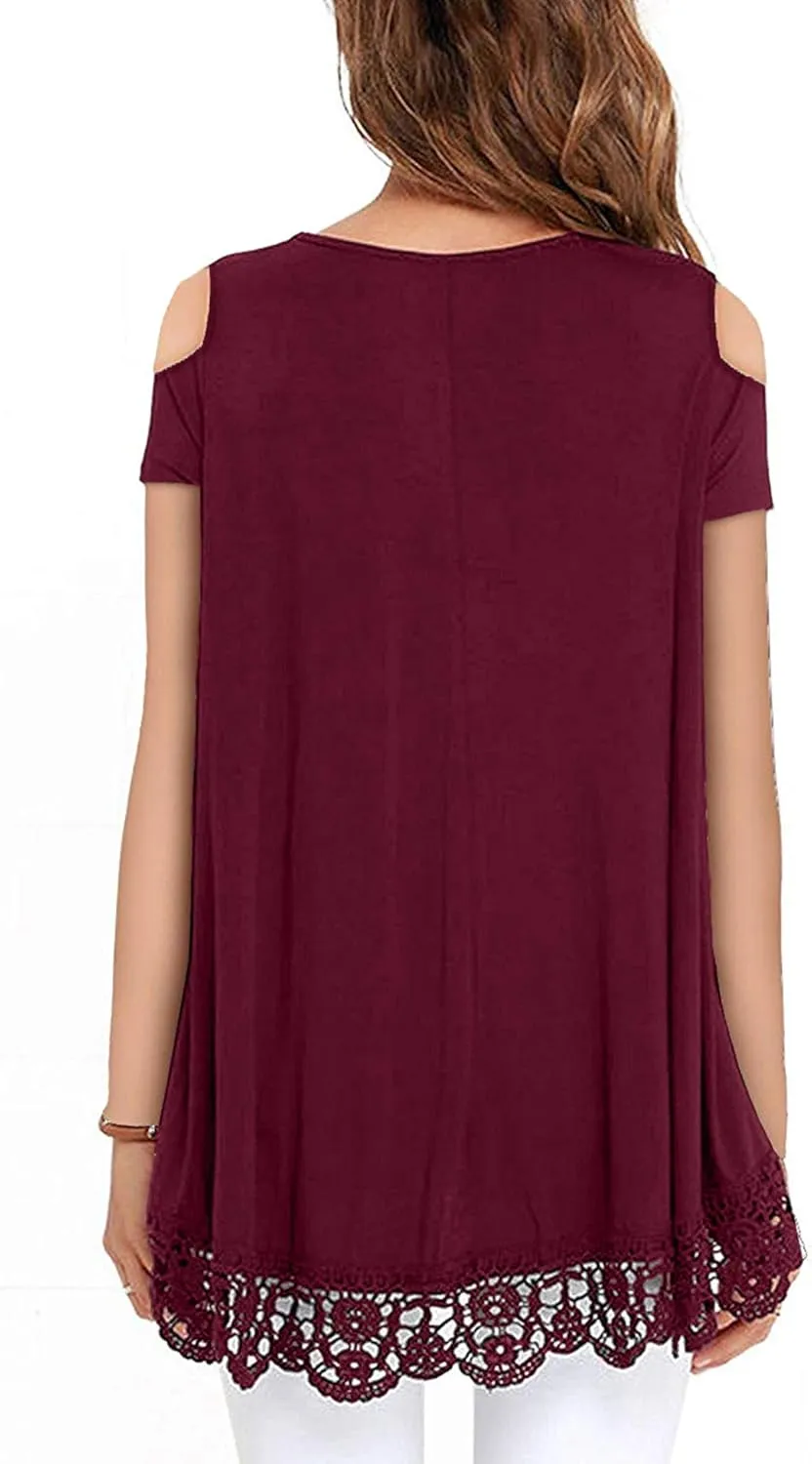 RAGEMALL Womens Cold Shoulder Tops Short Sleeve Lace Trim Tunic Blouse Top for Women