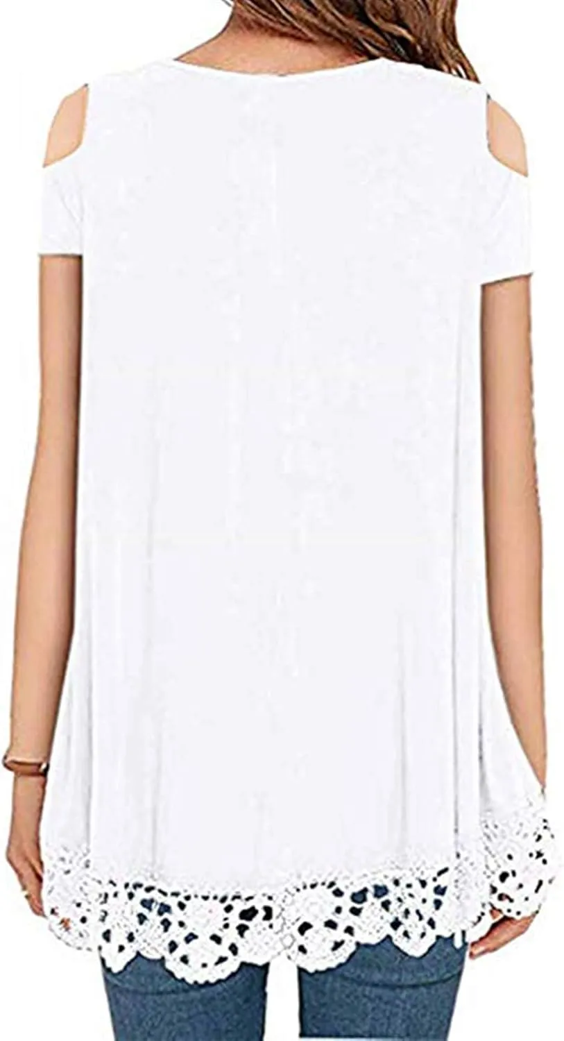 RAGEMALL Womens Cold Shoulder Tops Short Sleeve Lace Trim Tunic Blouse Top for Women