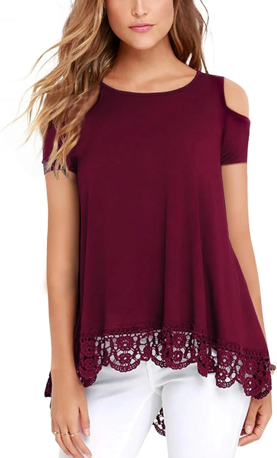 RAGEMALL Womens Cold Shoulder Tops Short Sleeve Lace Trim Tunic Blouse Top for Women