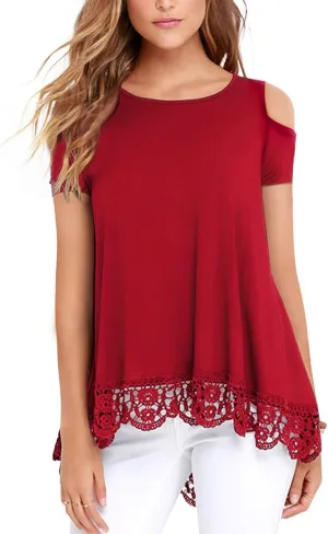 RAGEMALL Womens Cold Shoulder Tops Short Sleeve Lace Trim Tunic Blouse Top for Women