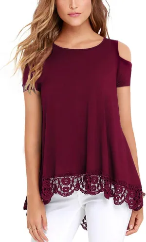 RAGEMALL Womens Cold Shoulder Tops Short Sleeve Lace Trim Tunic Blouse Top for Women
