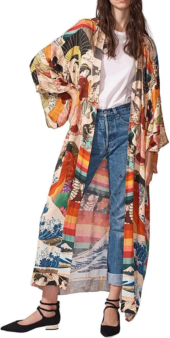 RanRui kimonos womens floral print plus size swimsuit cover ups fast dry long sleeve Loose open front bathing suit cover ups even kimonos robe dusters beach cover up with belt (281)