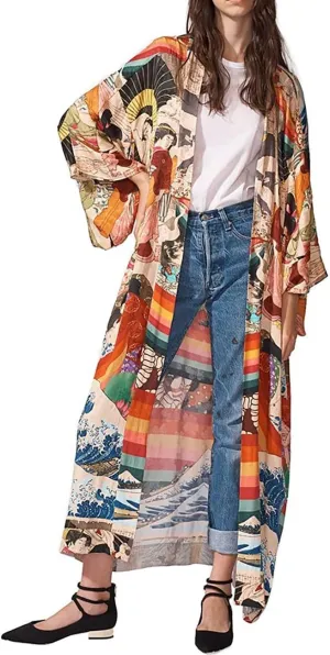 RanRui kimonos womens floral print plus size swimsuit cover ups fast dry long sleeve Loose open front bathing suit cover ups even kimonos robe dusters beach cover up with belt (281)