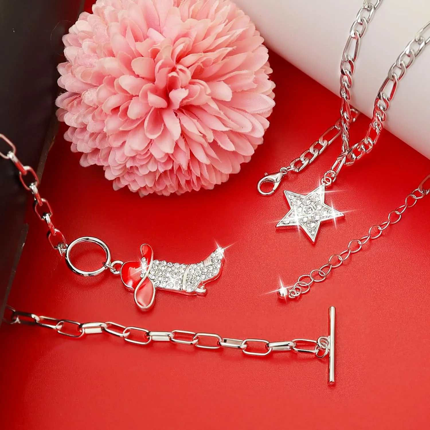 RechicGu 2 Pcs Sparkly Rhinestone Star Choker Western Cowgirl Boot Pendant Stackable Necklace Set for Women Chunky Chain, Cowboy Enamel Hat Boot Star Necklace Western Stackable Jewelry for Women