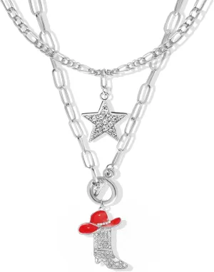 RechicGu 2 Pcs Sparkly Rhinestone Star Choker Western Cowgirl Boot Pendant Stackable Necklace Set for Women Chunky Chain, Cowboy Enamel Hat Boot Star Necklace Western Stackable Jewelry for Women