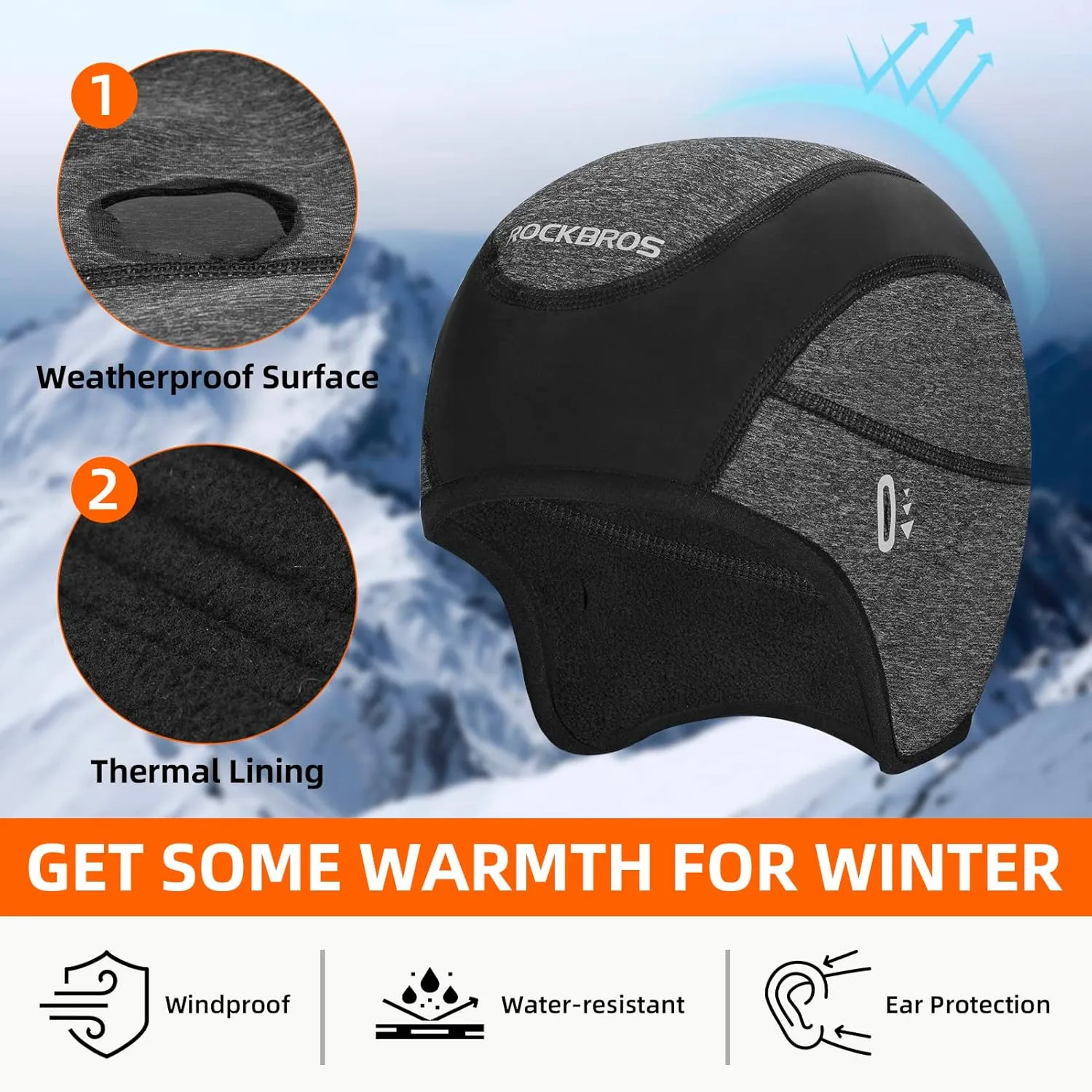 ROCKBROS Winter Cycling Caps for Men Women Windproof Cycling Hat with Sun Visor Under Helmet Liner Black