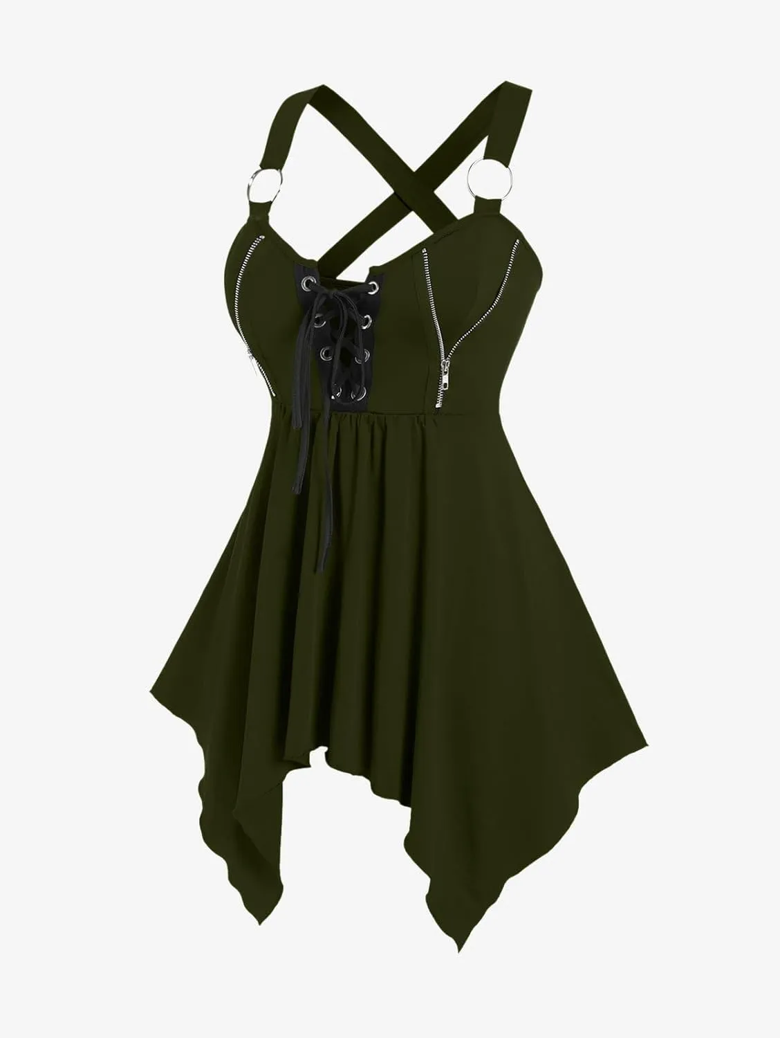 ROSE GAL Womens Plus Size Lace Up Zipper Crisscross Handkerchief Tank Top