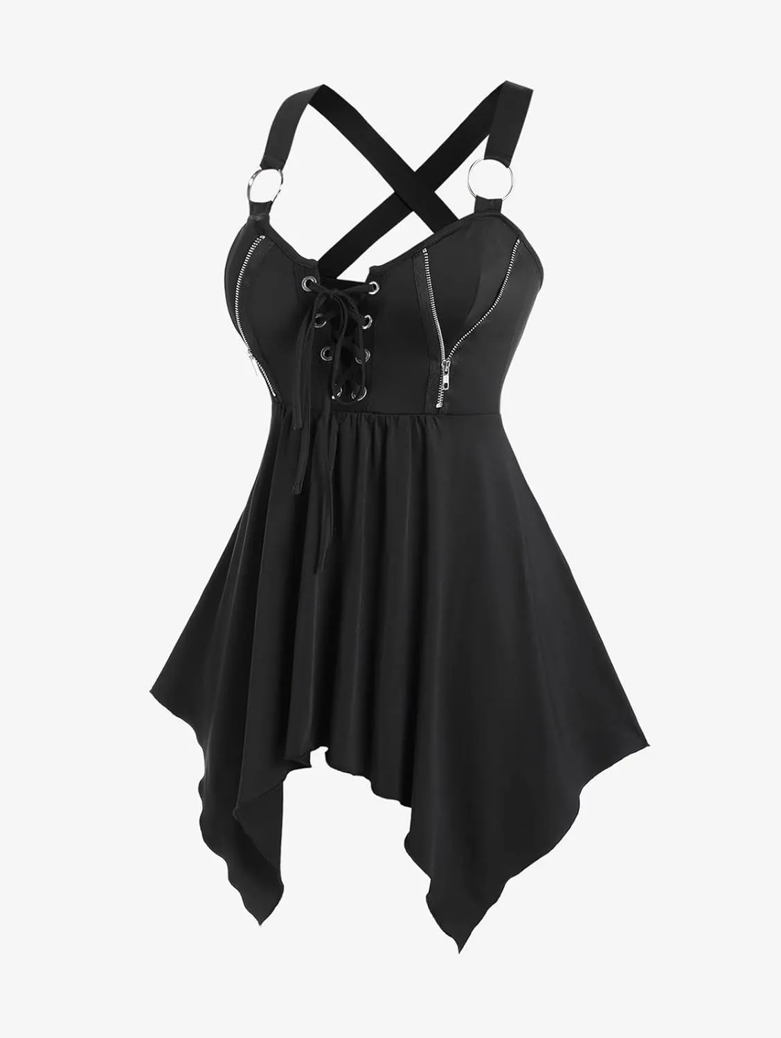 ROSE GAL Womens Plus Size Lace Up Zipper Crisscross Handkerchief Tank Top