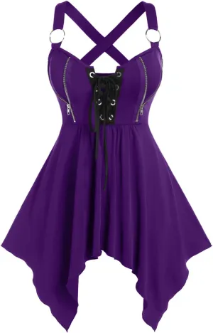 ROSE GAL Womens Plus Size Lace Up Zipper Crisscross Handkerchief Tank Top