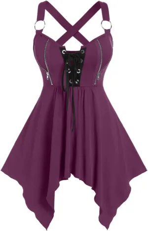 ROSE GAL Womens Plus Size Lace Up Zipper Crisscross Handkerchief Tank Top