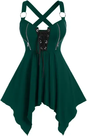 ROSE GAL Womens Plus Size Lace Up Zipper Crisscross Handkerchief Tank Top