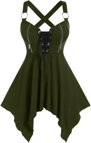 ROSE GAL Womens Plus Size Lace Up Zipper Crisscross Handkerchief Tank Top