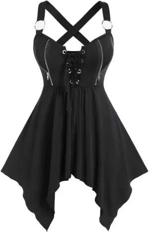 ROSE GAL Womens Plus Size Lace Up Zipper Crisscross Handkerchief Tank Top