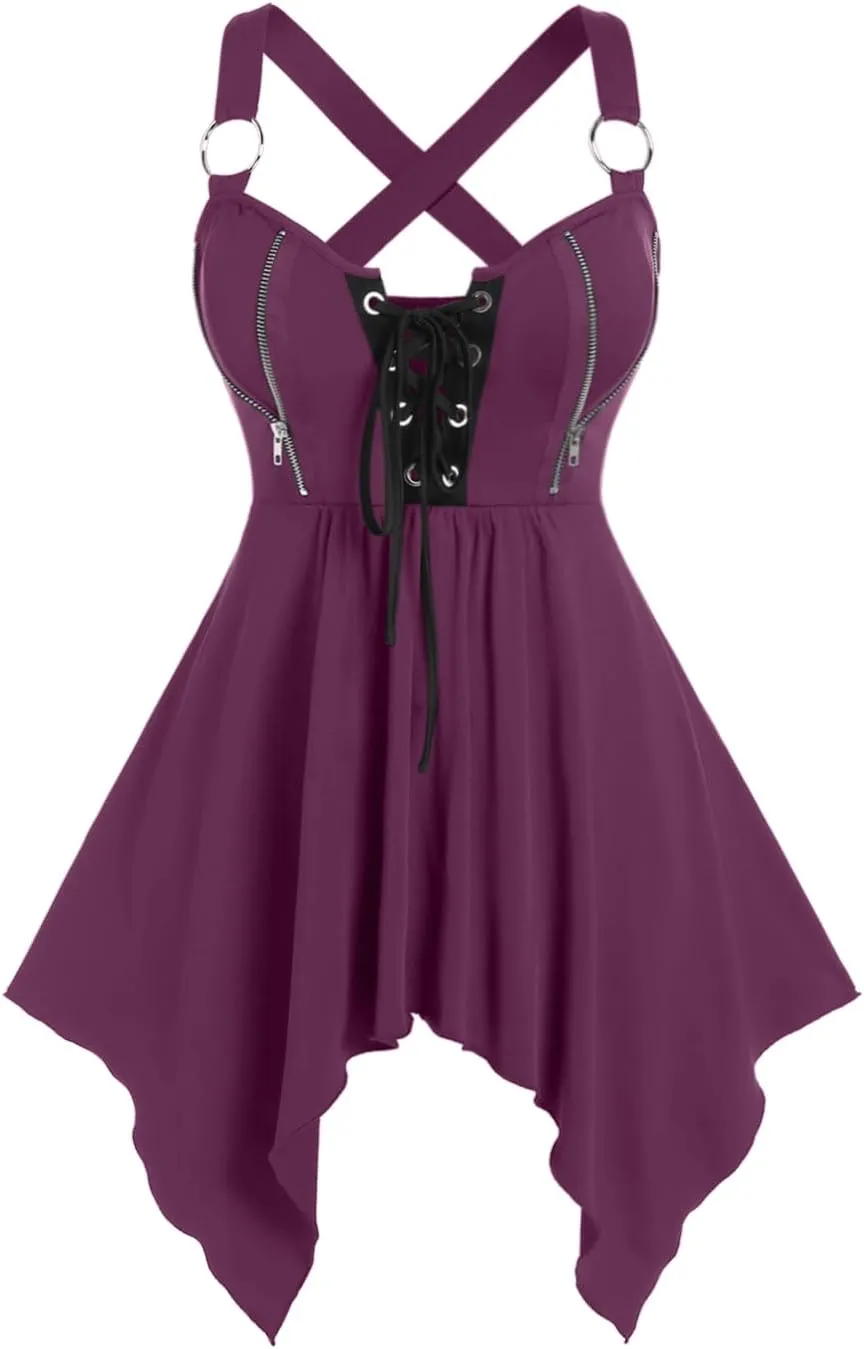 ROSE GAL Womens Plus Size Lace Up Zipper Crisscross Handkerchief Tank Top