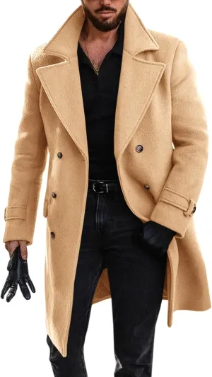 Runcati Mens Double Breasted Trench Coat Mid Long Jacket Notched Lapel Winter Chunky Warm Overcoat
