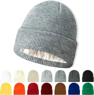 Satin Lined Beanie for Women Men Winter Hat Silk Lining Warm Cuffed Beanie Knit Hats