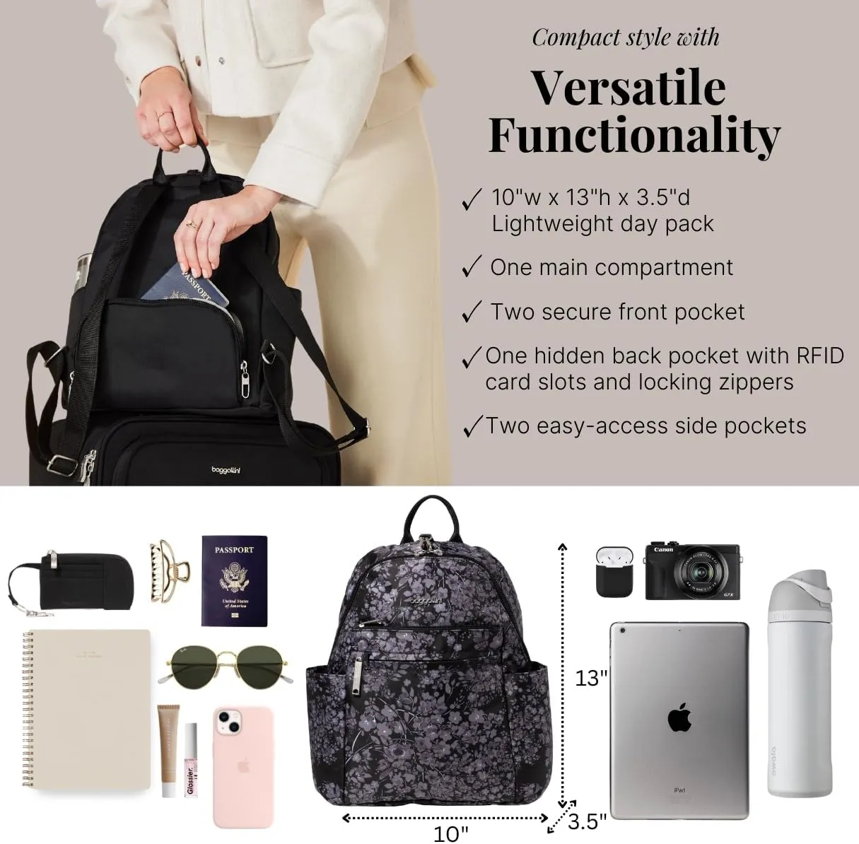 Securtex Anti-theft Vacation Travel Backpack 10x13" Slash-Resistant Nylon Daypack w/RFID, Black Hydrangea