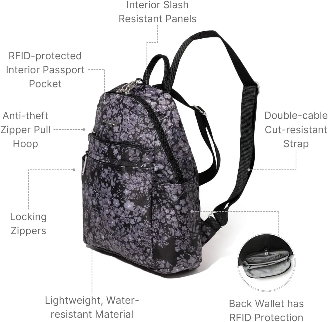 Securtex Anti-theft Vacation Travel Backpack 10x13" Slash-Resistant Nylon Daypack w/RFID, Black Hydrangea