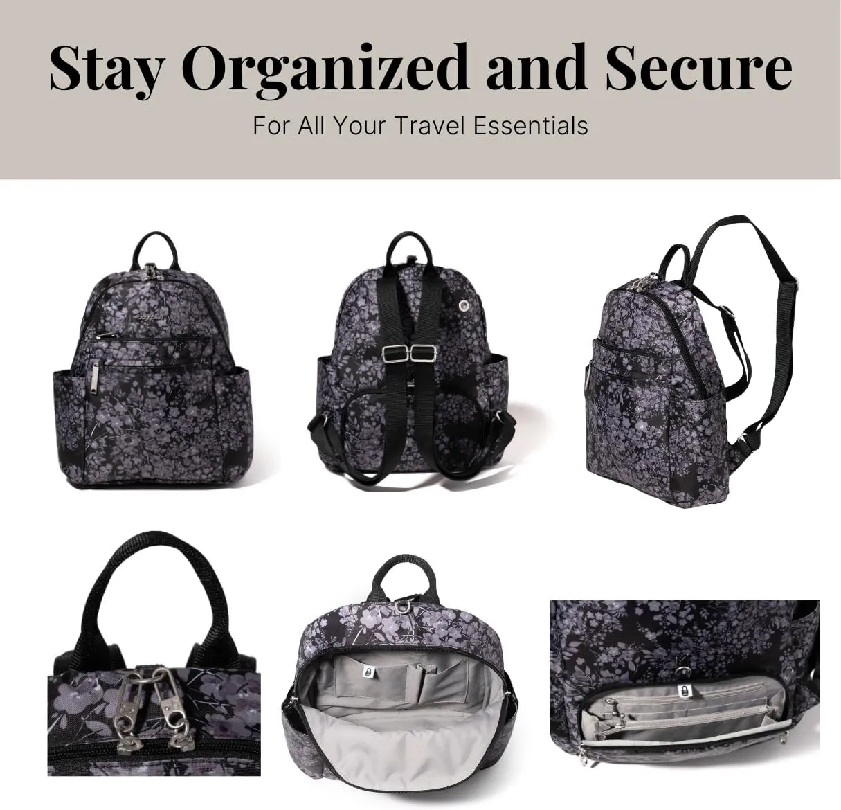Securtex Anti-theft Vacation Travel Backpack 10x13" Slash-Resistant Nylon Daypack w/RFID, Black Hydrangea