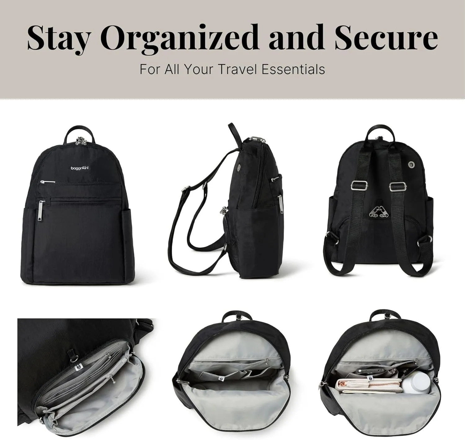 Securtex Anti-theft Vacation Travel Backpack 10x13" Slash-Resistant Nylon Daypack w/RFID, Black