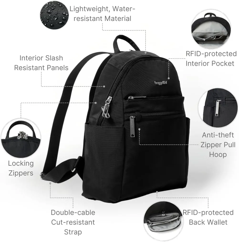 Securtex Anti-theft Vacation Travel Backpack 10x13" Slash-Resistant Nylon Daypack w/RFID, Black