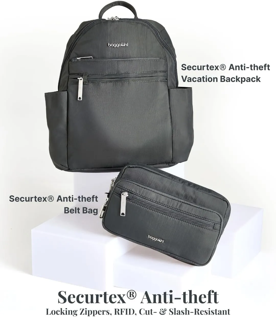 Securtex Anti-theft Vacation Travel Backpack 10x13" Slash-Resistant Nylon Daypack w/RFID, Charcoal