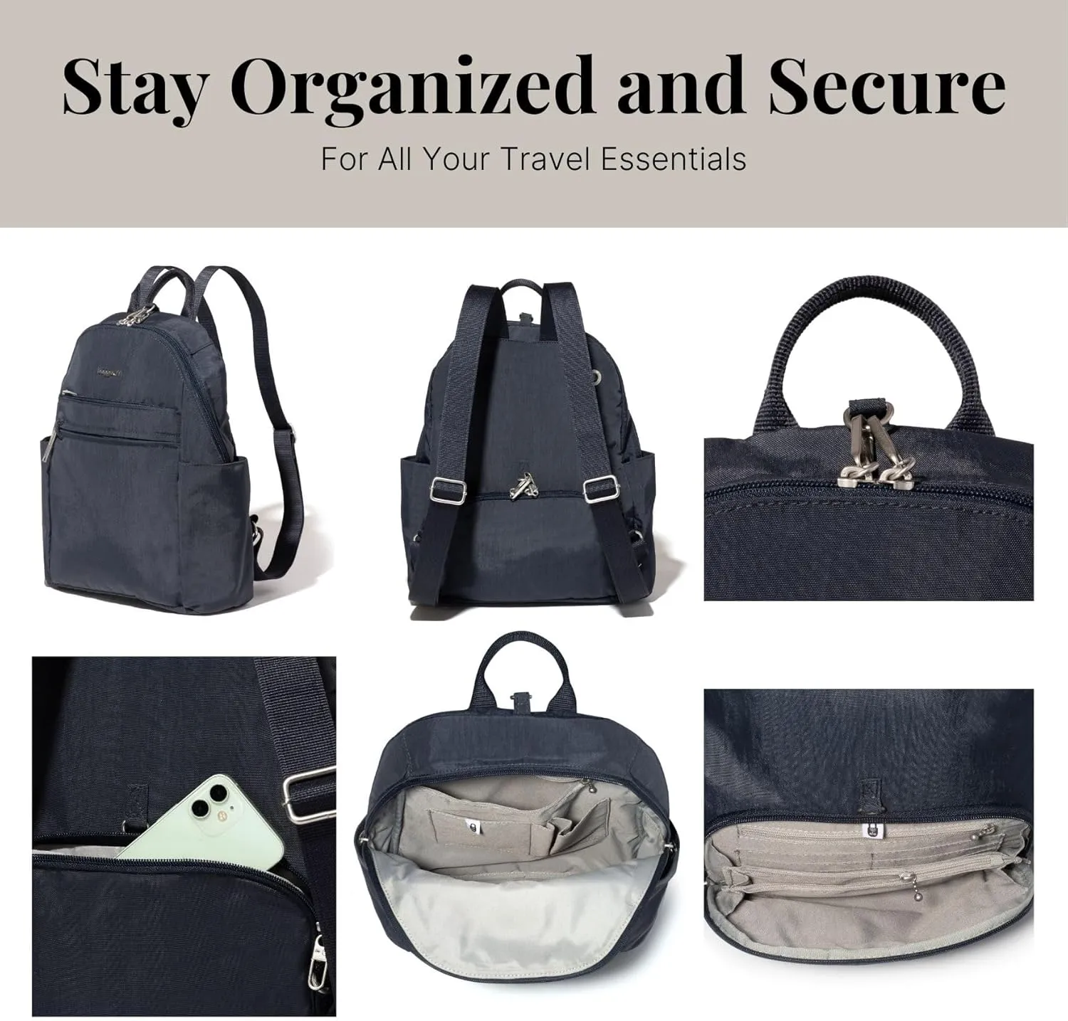 Securtex Anti-theft Vacation Travel Backpack 10x13" Slash-Resistant Nylon Daypack w/RFID, French Navy
