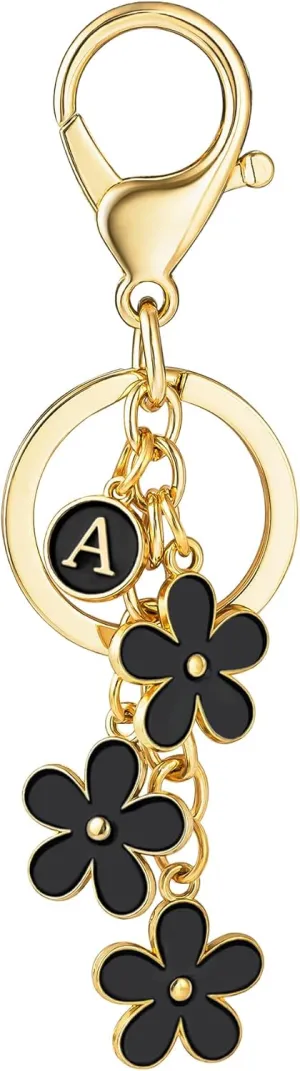 SELOVO Initial Keychain White/Pink Flower Charms for Key Cute Letter Keyring for Handbag Backpack