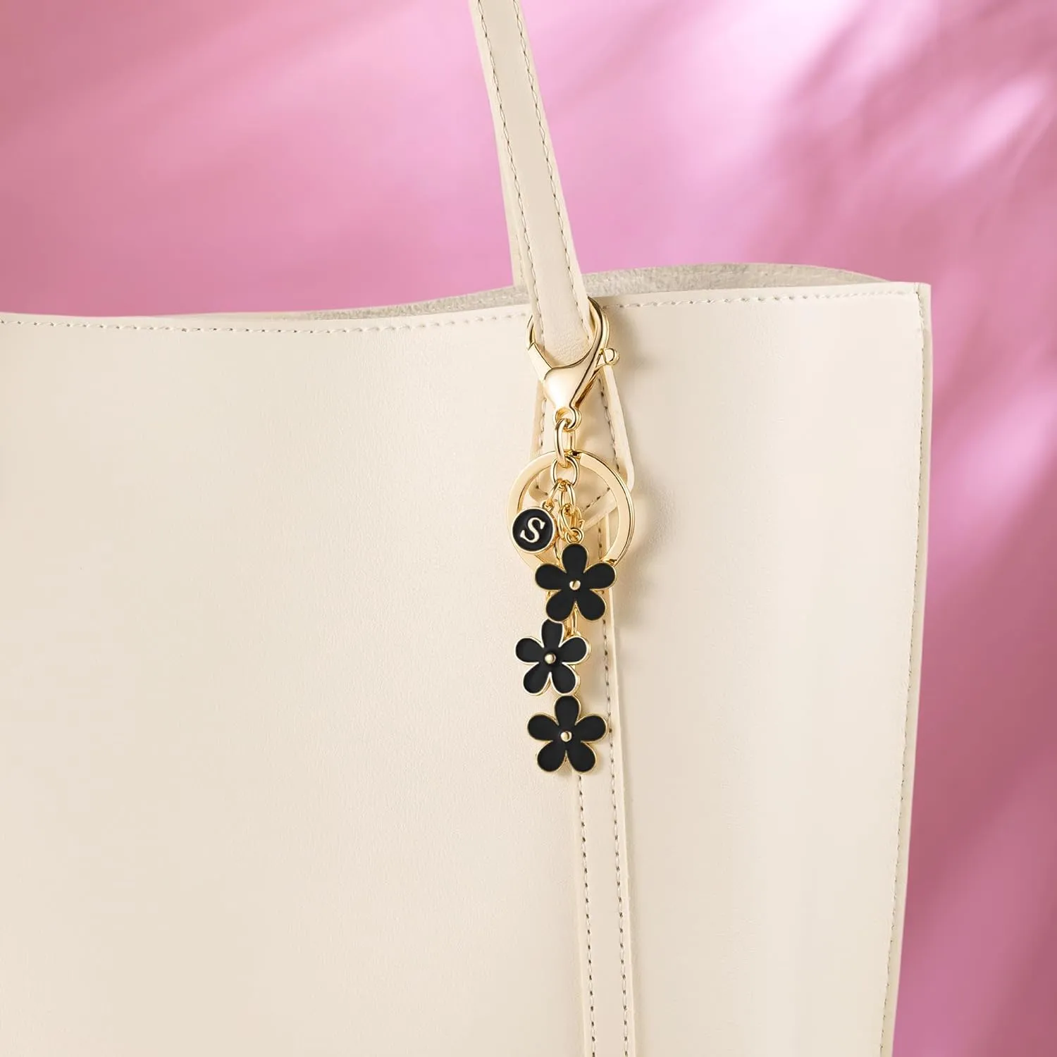 SELOVO Initial Keychain White/Pink Flower Charms for Key Cute Letter Keyring for Handbag Backpack