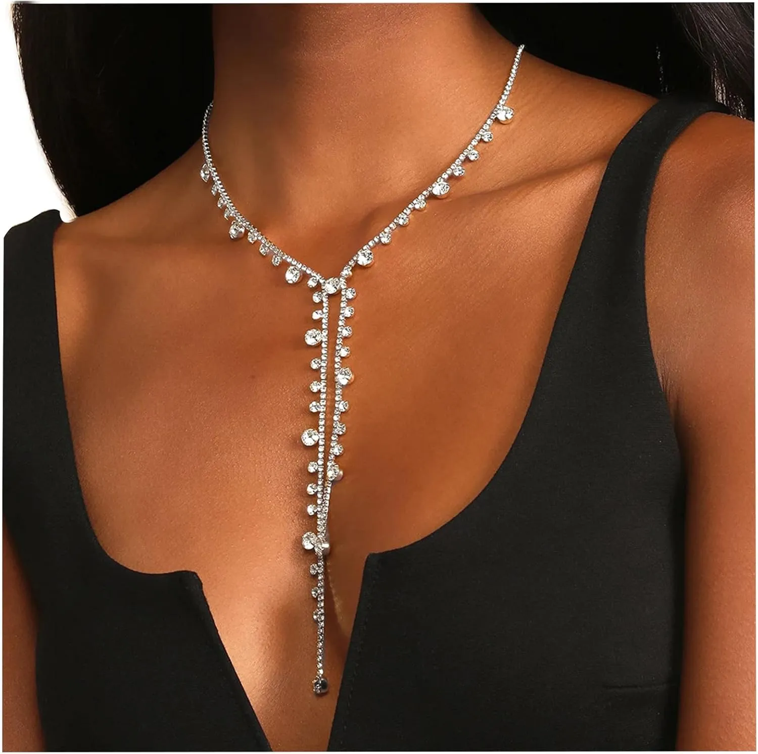 Sexy Full Rhinestone Simple Long Tassel Necklace Summer Crystal Claw Body Chain Necklace Statement Rhinestone Choker Necklace Bikini Chest Body Chain Jewelry for Women