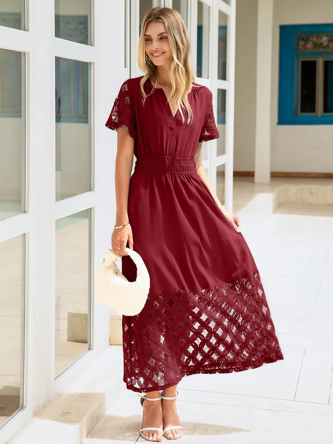 Simplee Womens 2025 Summer Boho Maxi Dress V Neck Empire Waist Long Flowy Dresses with Pockets