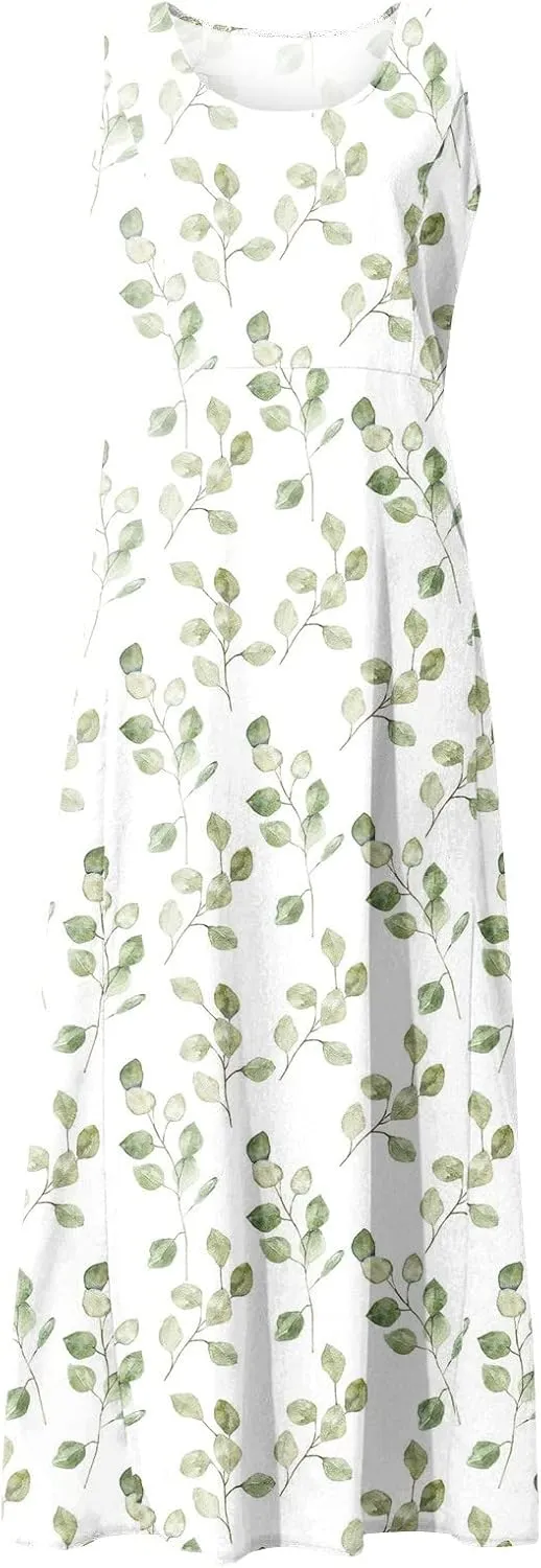 Sleeveless Dresses for Womens 2024 Beach Cotton Linen Floral Printed Dresses with Pockets Casual Flowy Long Dress