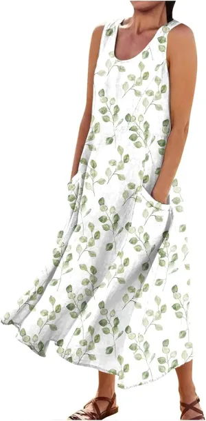 Sleeveless Dresses for Womens 2024 Beach Cotton Linen Floral Printed Dresses with Pockets Casual Flowy Long Dress
