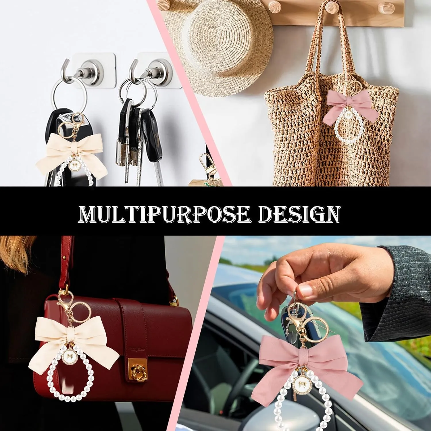 SMUOBT 2Pcs Cute Bow Keychain for Women, Pearl Key Chains for Car Keys Coquette Bow Keychain Accessories Aesthetic Bag Charms