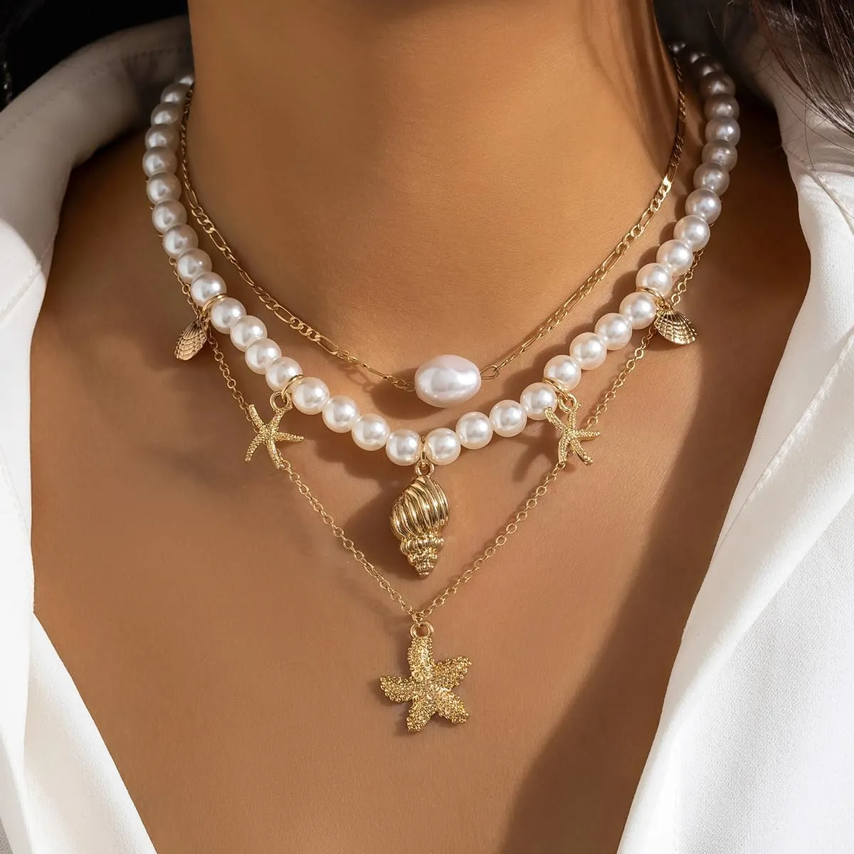 Sora Tuki Gold Starfish Necklace and Earrings - Beach Jewelry for Women - Summer Necklace with Surfer Shell and Turtle Conch Beaded Choker