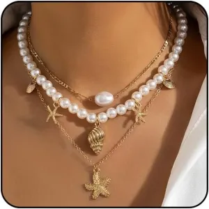 Sora Tuki Gold Starfish Necklace and Earrings - Beach Jewelry for Women - Summer Necklace with Surfer Shell and Turtle Conch Beaded Choker