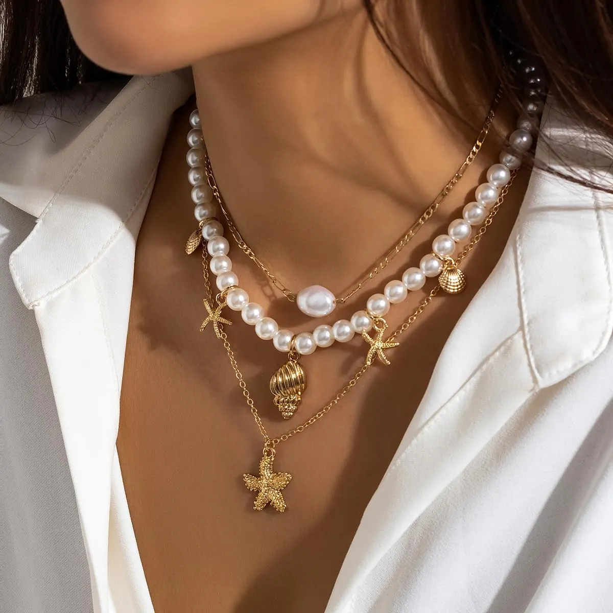Sora Tuki Gold Starfish Necklace and Earrings - Beach Jewelry for Women - Summer Necklace with Surfer Shell and Turtle Conch Beaded Choker